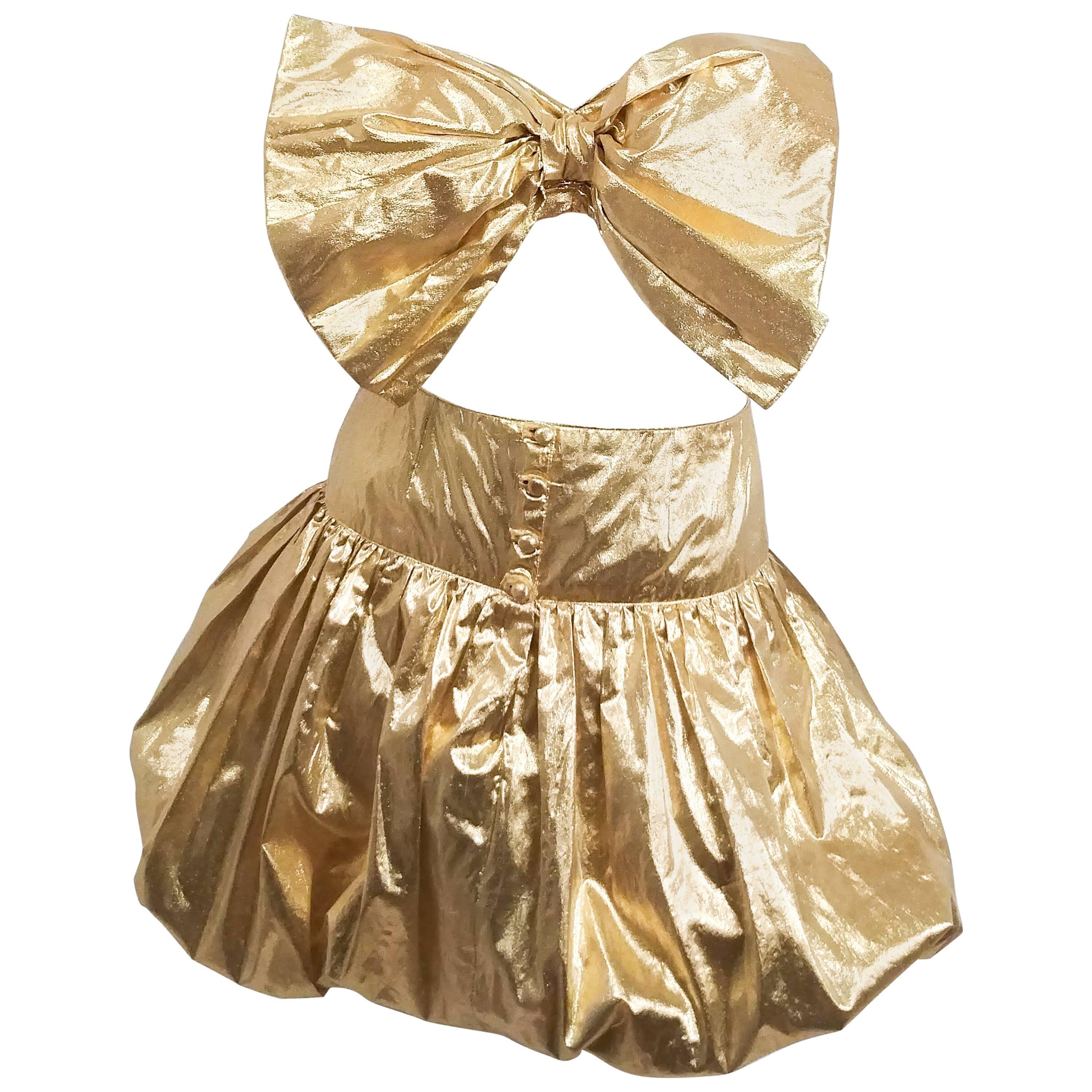 1970s Disco Gold Lamé Bow Top and Bubble Skirt Set