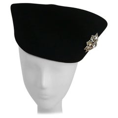Vintage 1940s Black Hat w/ Rhinestone Brooch