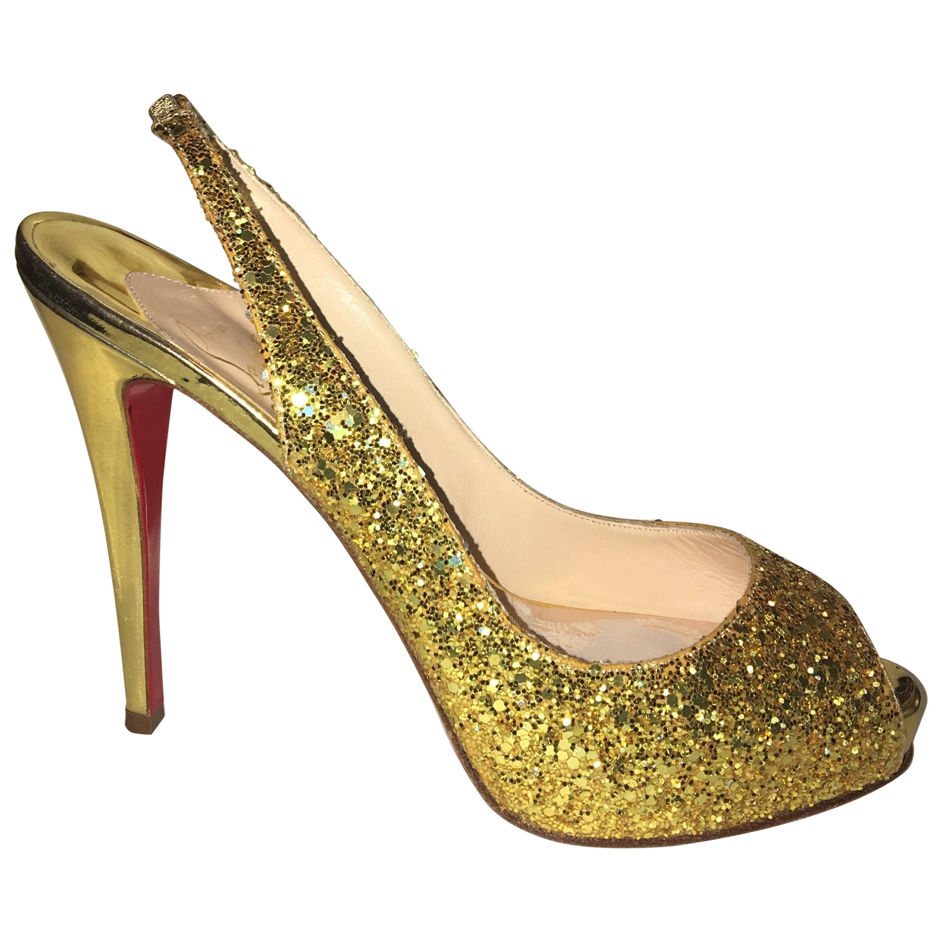 Christian Louboutin Gold Glitter Slingbacks at 1stDibs