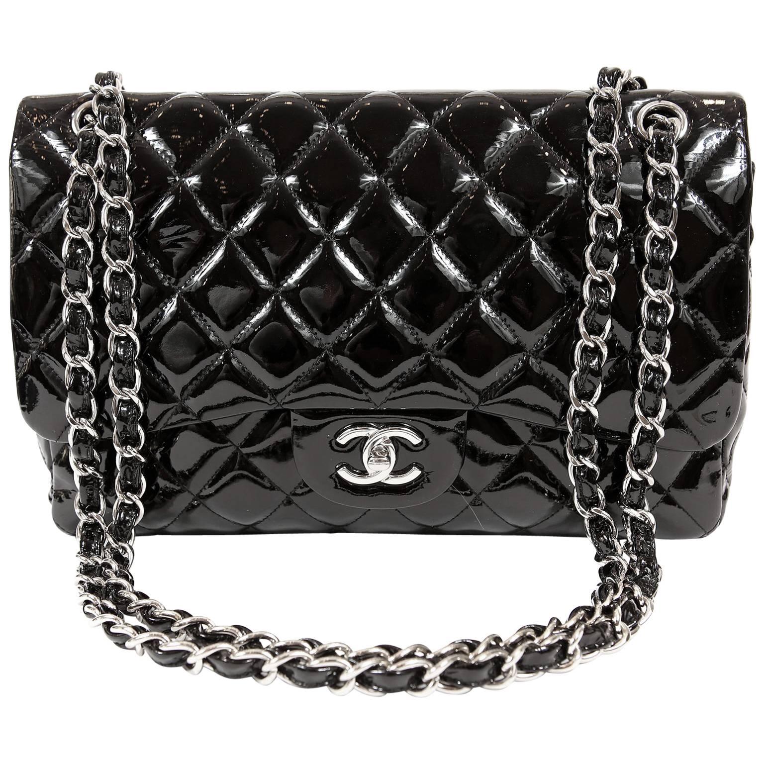 Chanel Black Patent Leather Jumbo Classic Double Flap Bag For Sale