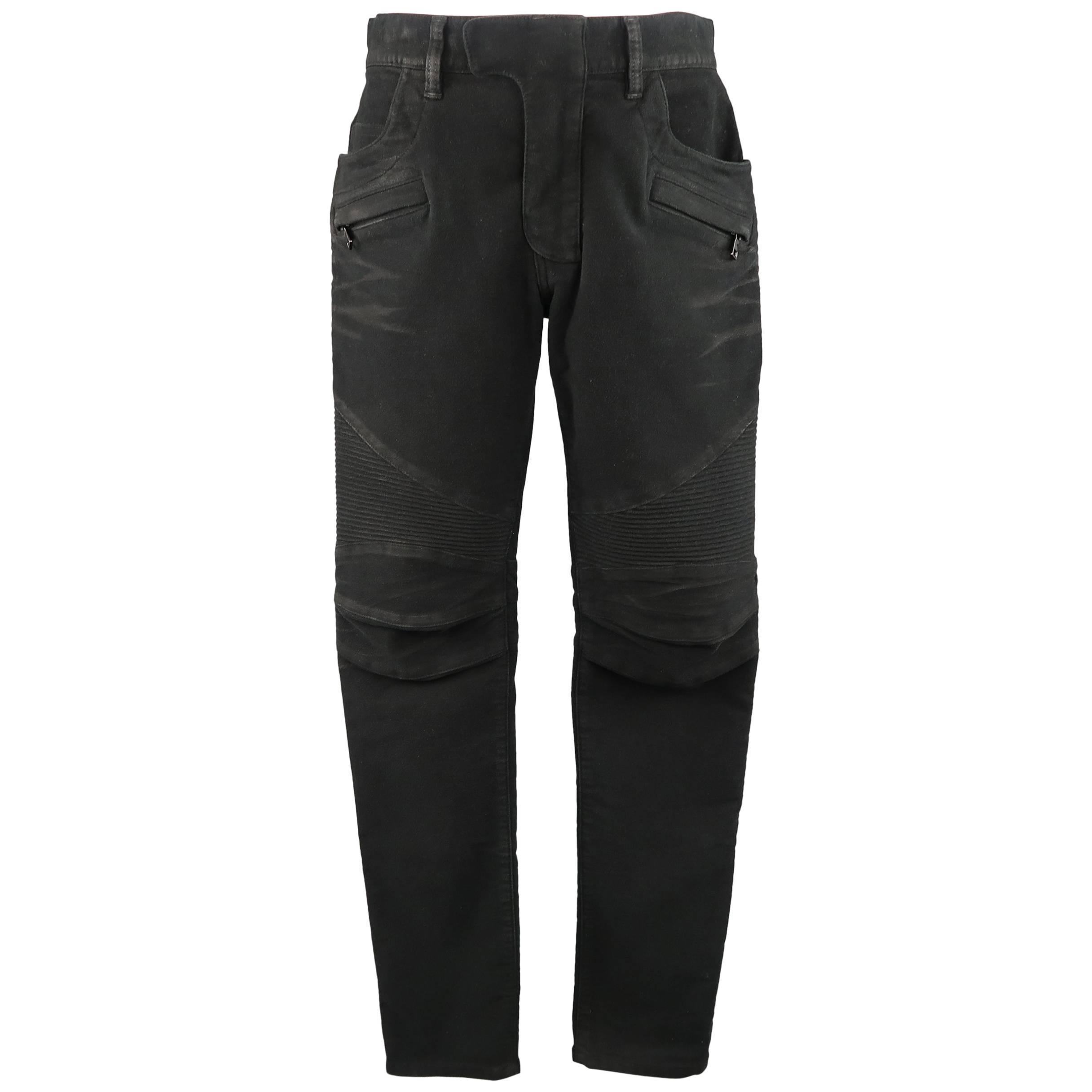Men's BALMAIN Size 32 Black Coated Crease Cotton Blend Moto Jeans