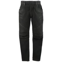 Used Men's BALMAIN Size 32 Black Coated Crease Cotton Blend Moto Jeans