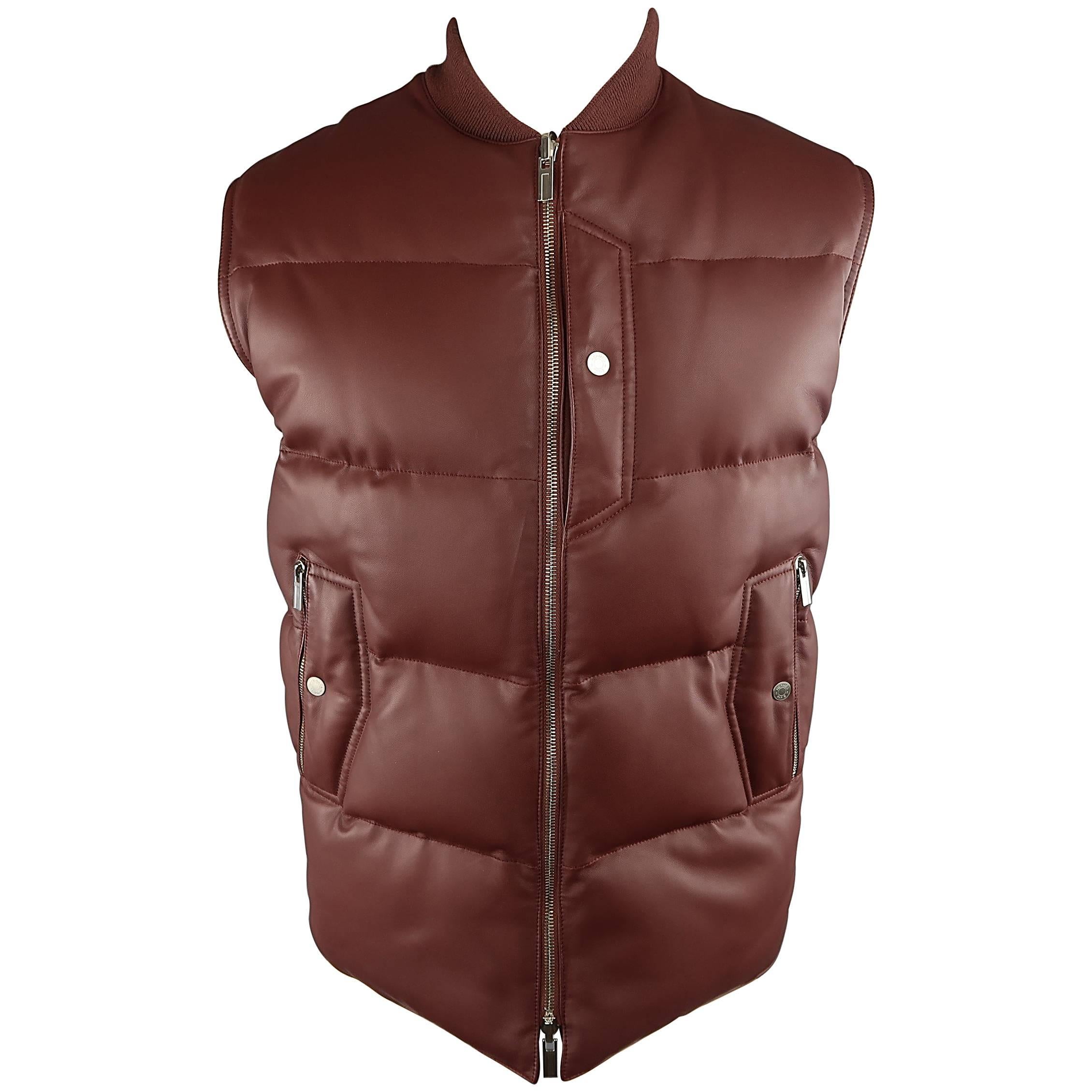 Men's HERMES 38 Burgundy Quilted Leather & Nylon Reversible Down Vest