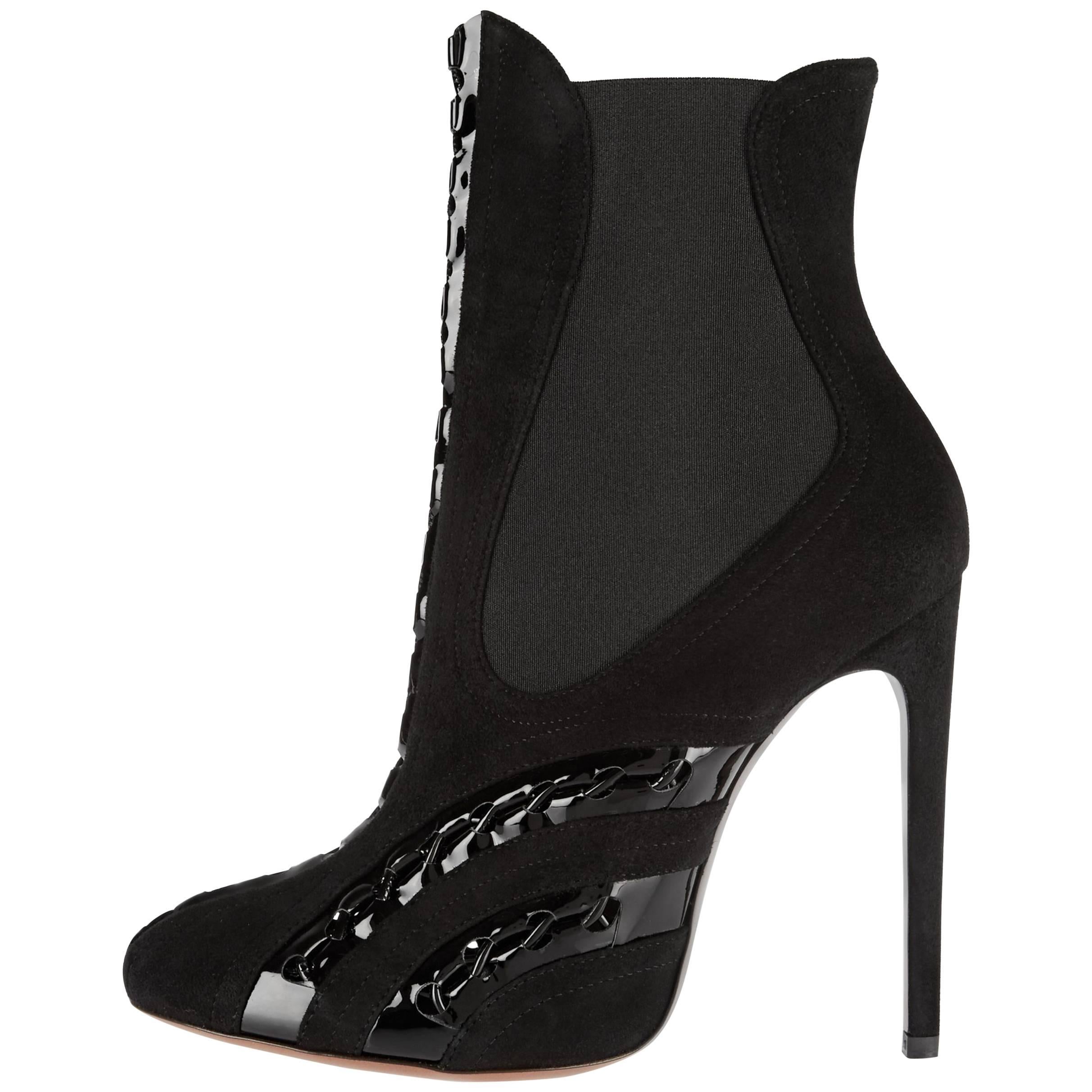 Alaia New Black Suede Patent Leather Ankle Boots Booties in Box