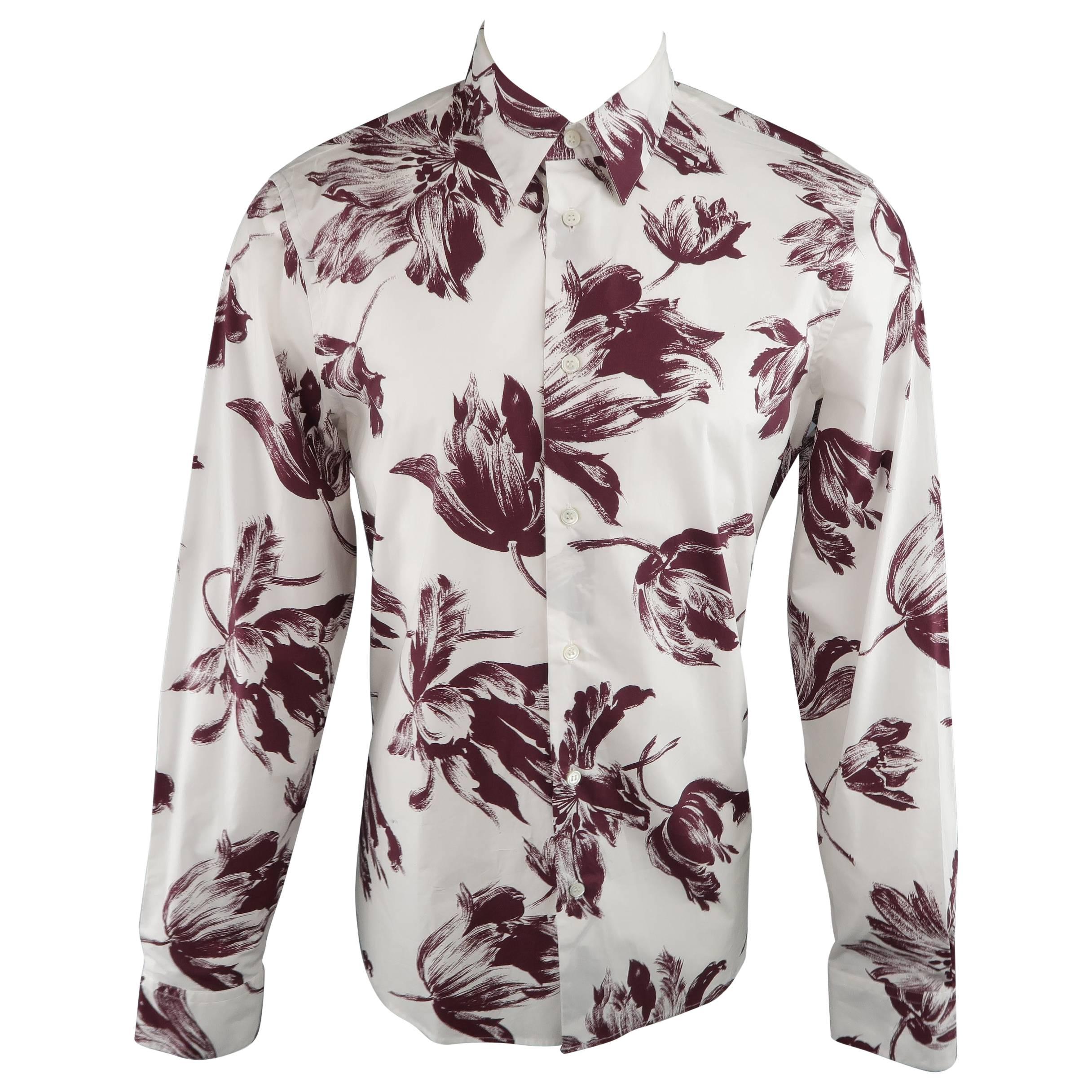 Men's MARNI Size L White & Burgundy Brush Stroke Floral Cotton Long Sleeve Shirt