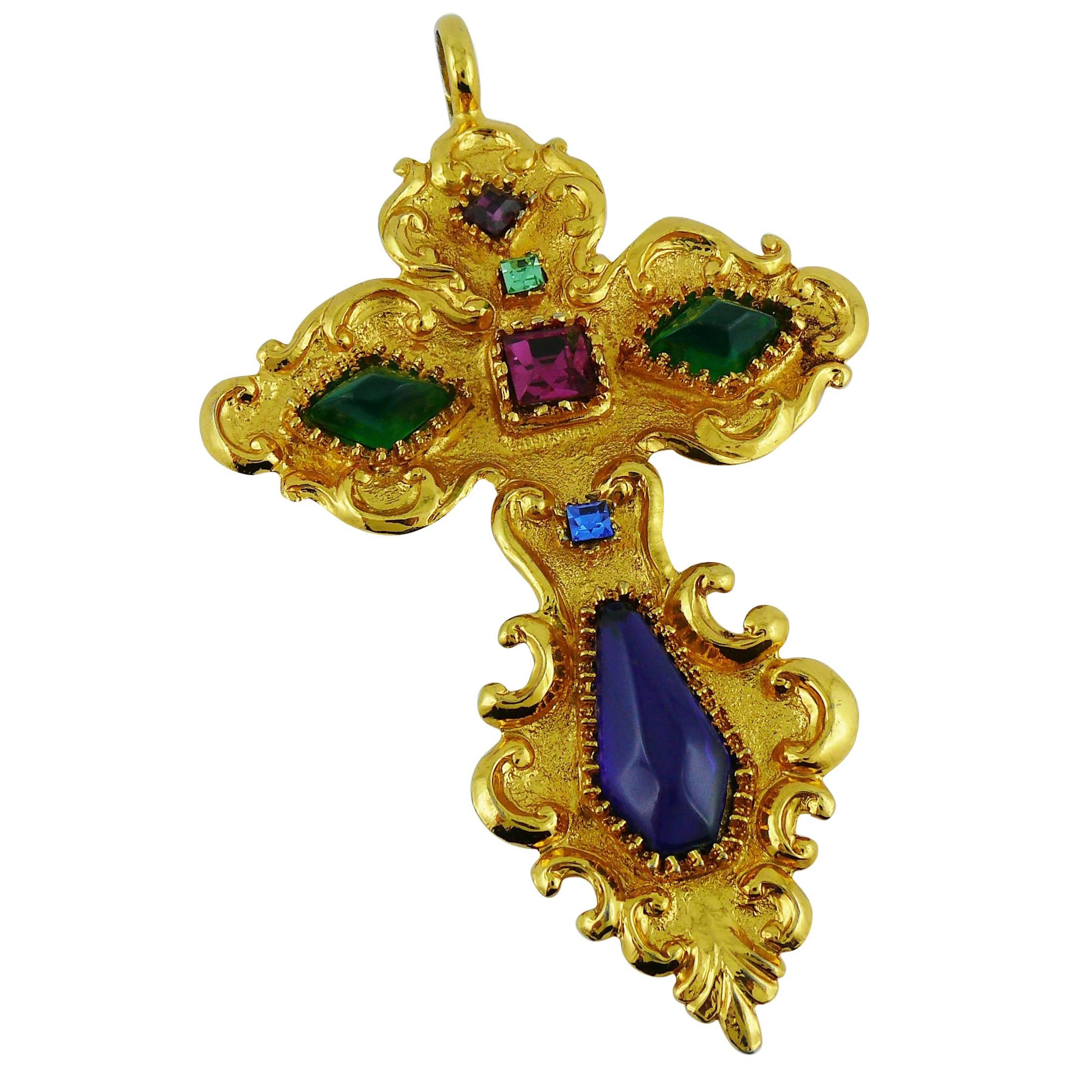Christian Lacroix Vintage Massive Jewelled Baroque Cross Pendant