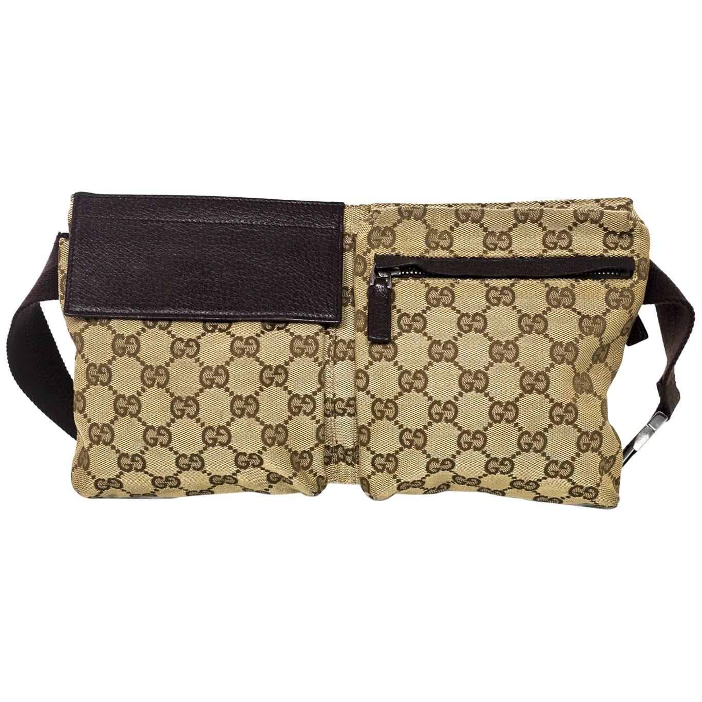 Gucci Brown Monogram Canvas Double Pocket Waist Pouch/Belt Bag