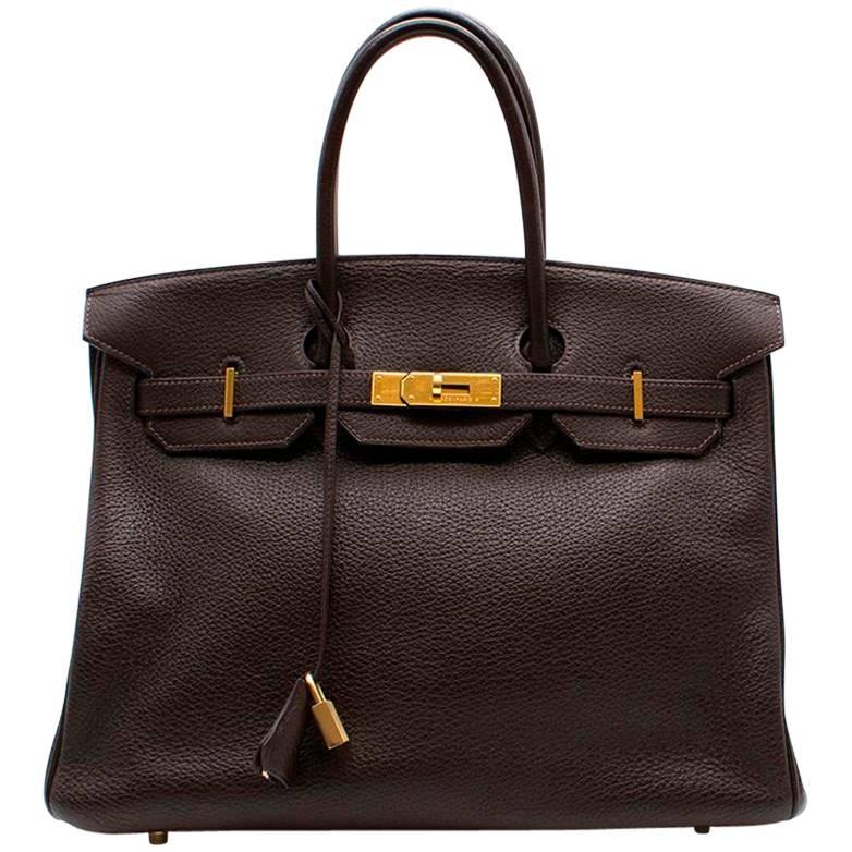 Hermes Taurillon Clemence "Cafe" 35cm Birkin Bag For Sale