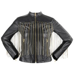 FENDI Black Leather Silver & Gold Metal Chain Fringe Moto Mandarin Collar Jacket
