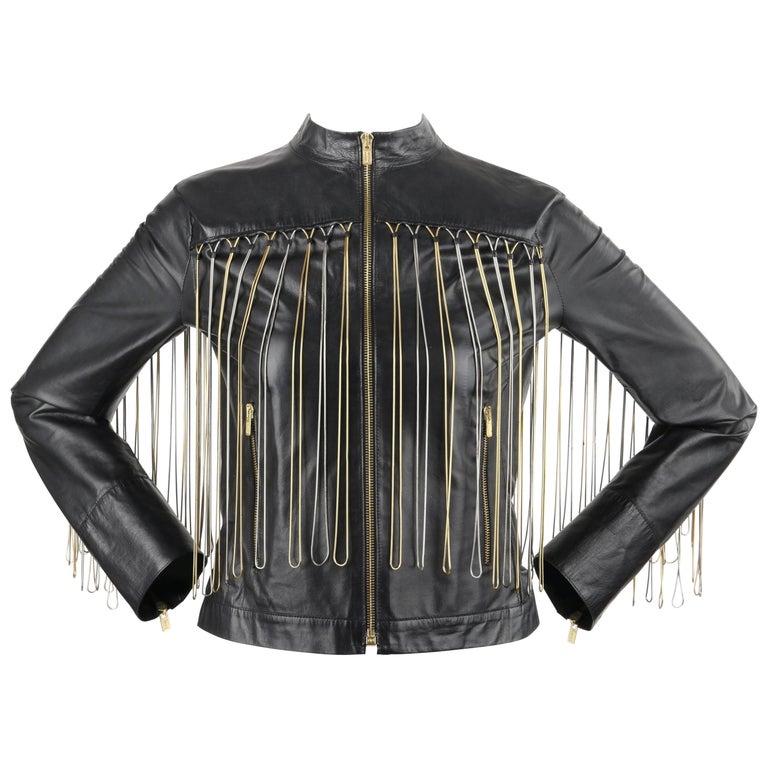 FENDI Black Leather Silver and Gold Metal Chain Fringe Moto Mandarin