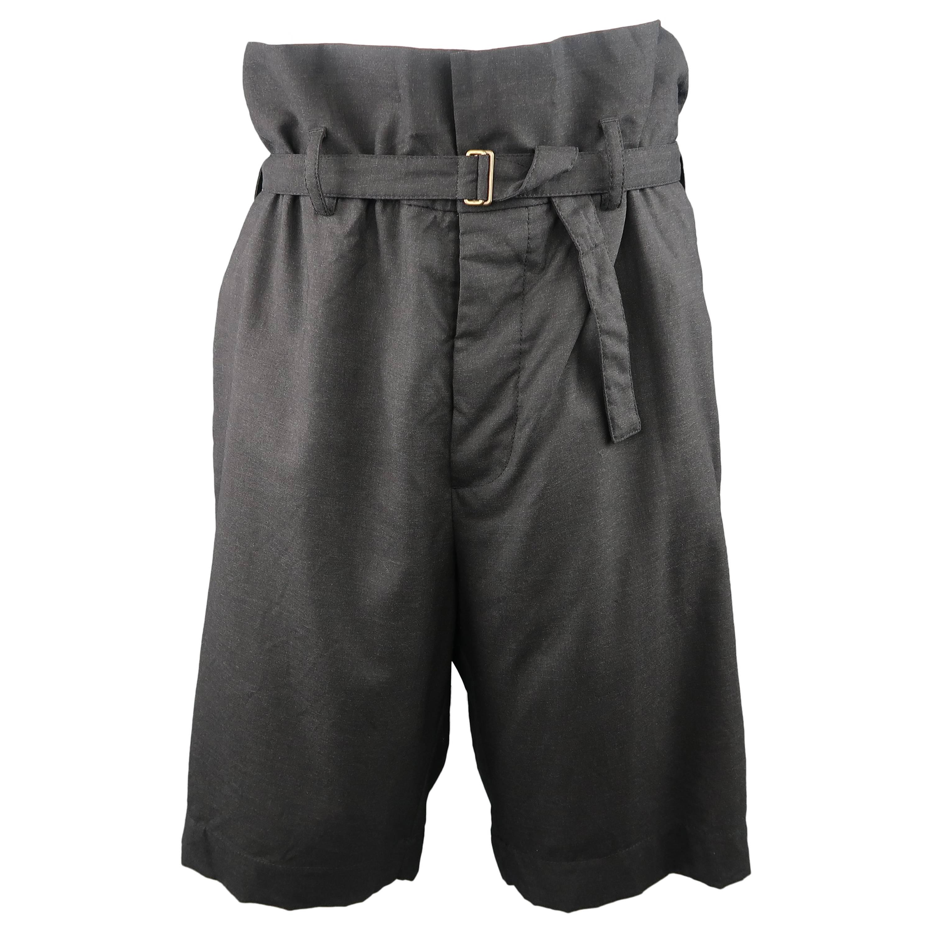 Men's MARNI Size 34 Charcoal Wool Oversized Gathered Waist Drop Crotch Shorts
