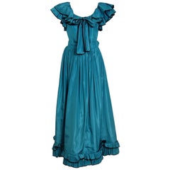 Vintage 1975 Yves Saint Laurent Turquoise Blue Silk Ruffle Plunge Peasant Dress Ensemble