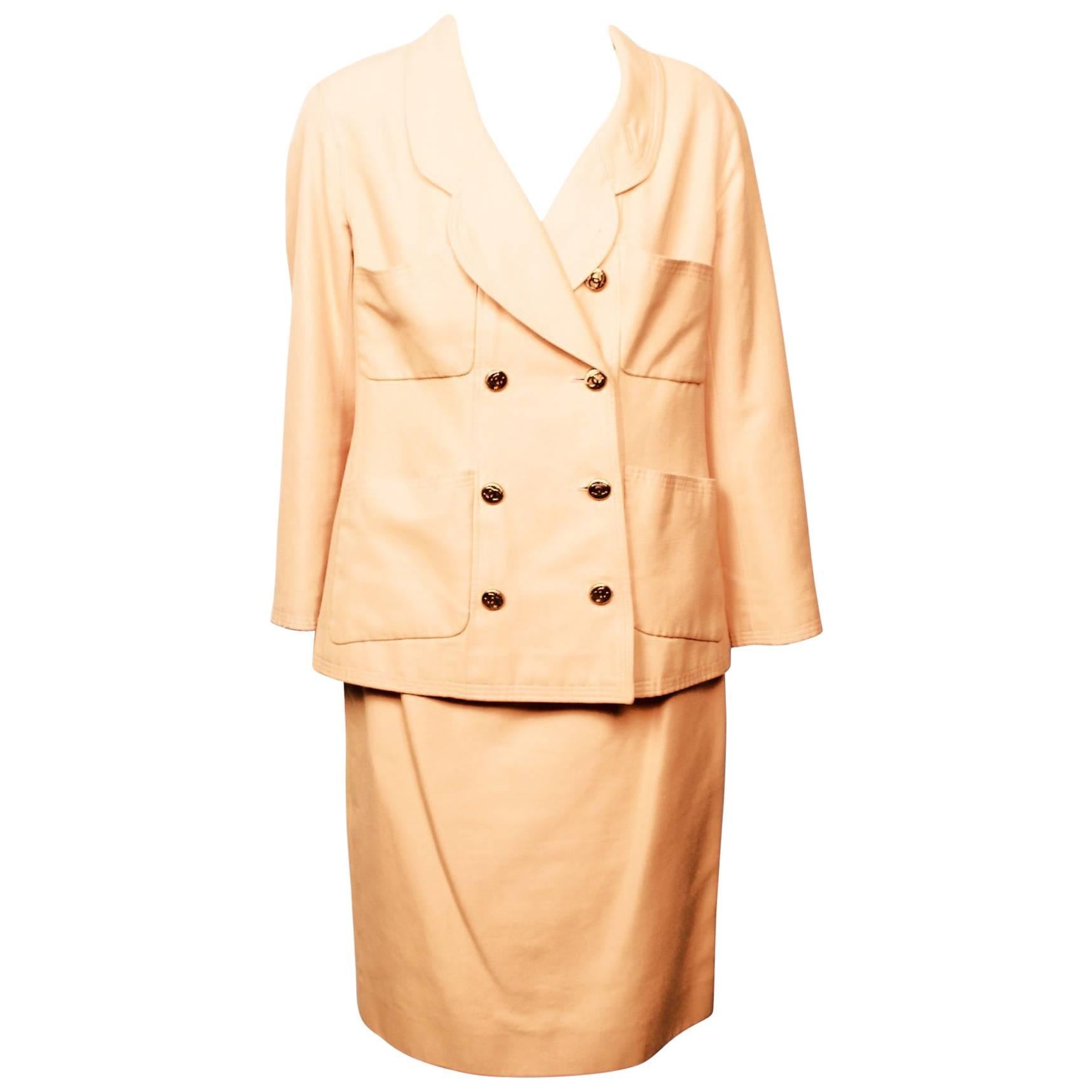 1990's Chanel Boutique Apricot Skirt and Jacket Suit Ensemble