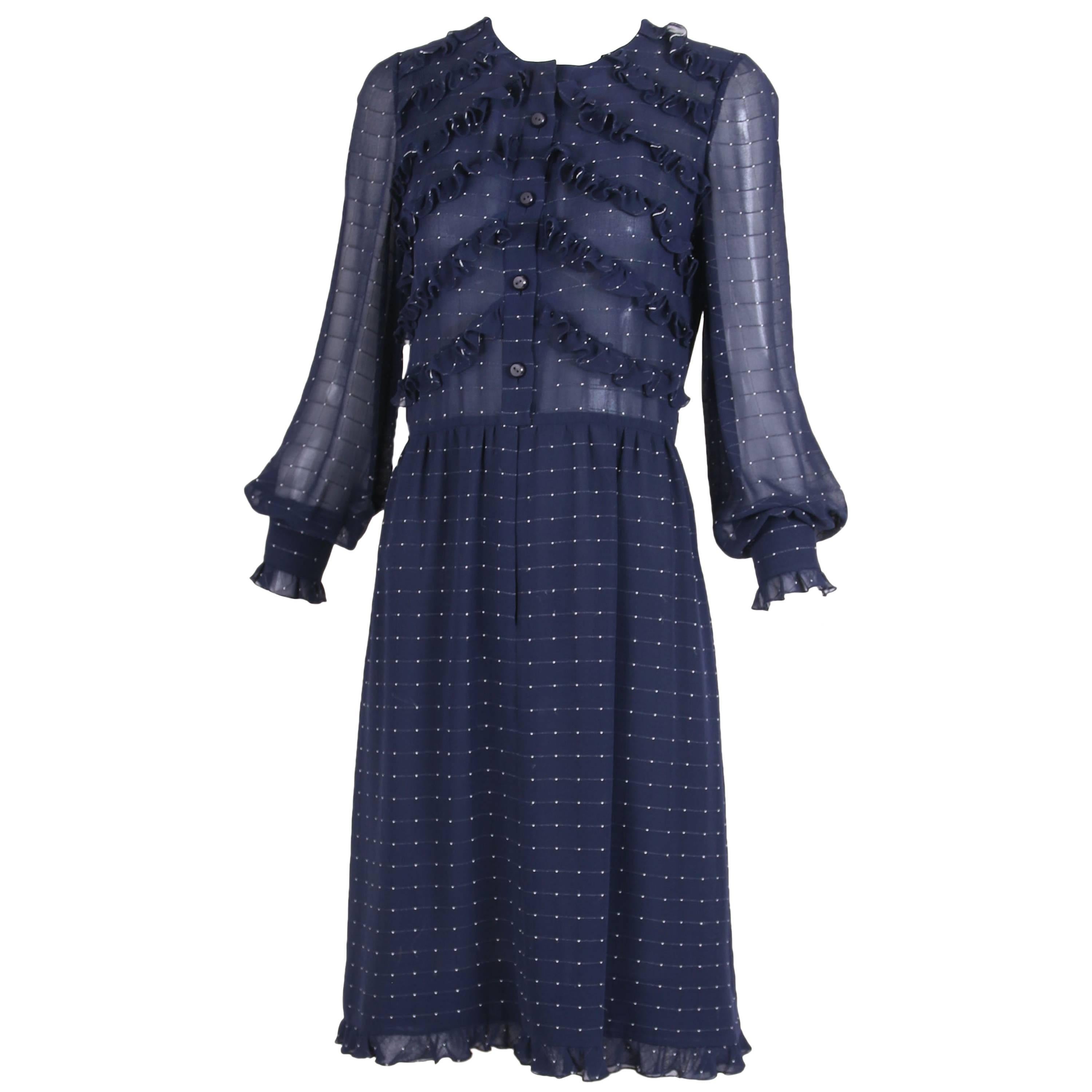 Valentino Haute Couture Navy Blue Silk Ruffle Trim Day Dress, 1970s 