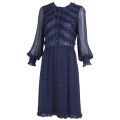 Vintage Valentino Haute Couture Navy Blue Silk Ruffle Trim Day Dress, 1970s 
