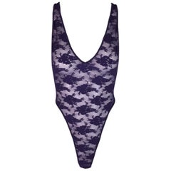 1990s Christian Dior Purple Plunging Sheer Mesh and Lace Thong Bodysuit Top