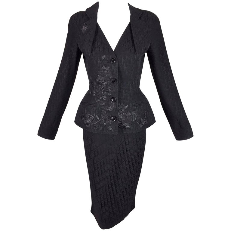 Christian Dior S/S 2005 Black Monogram Logo PinUp Bar Jacket Skirt