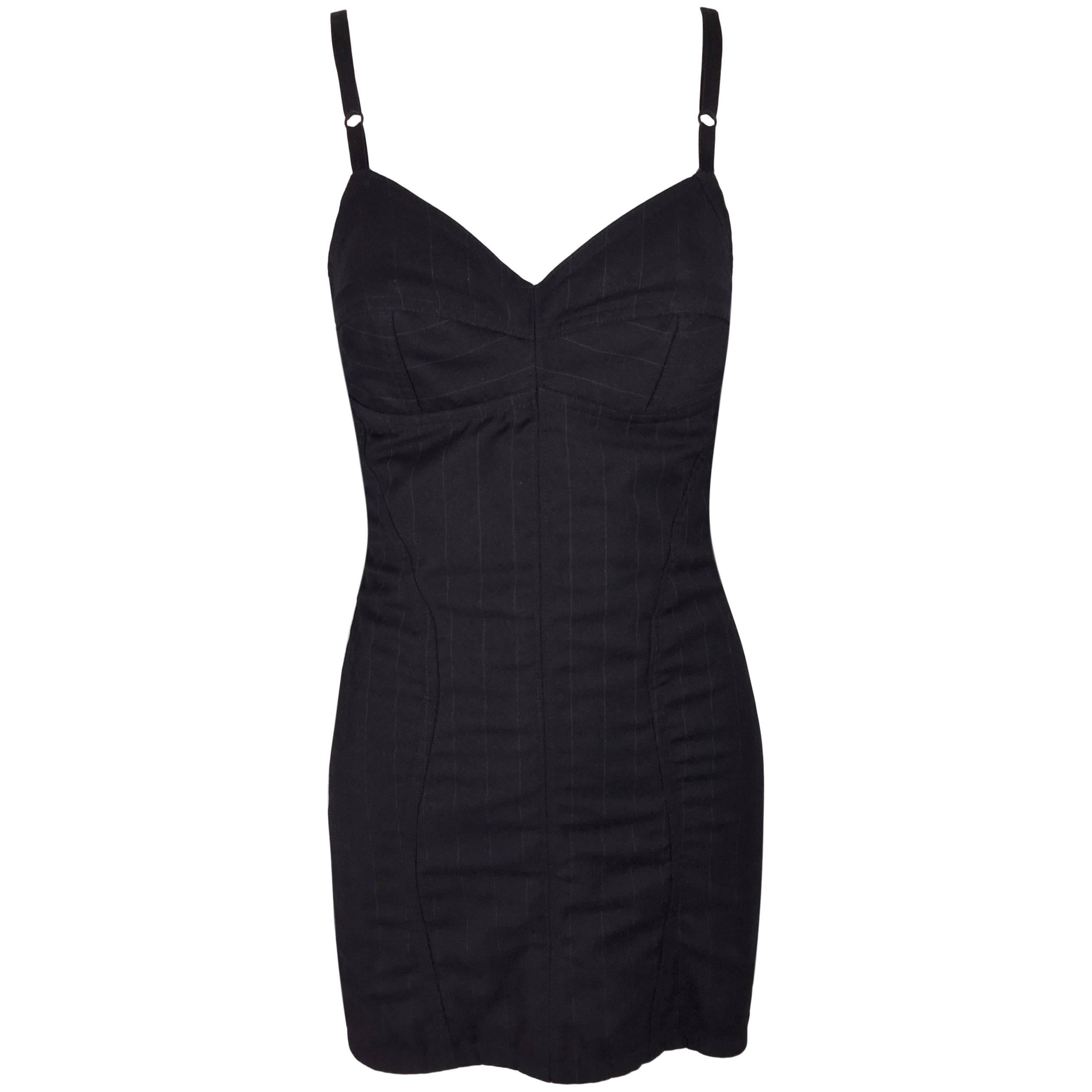 Dolce 
Gabbana S/S 1992 Black Pinstripe Sheer Mesh Corset Pin-Up Mini Dress