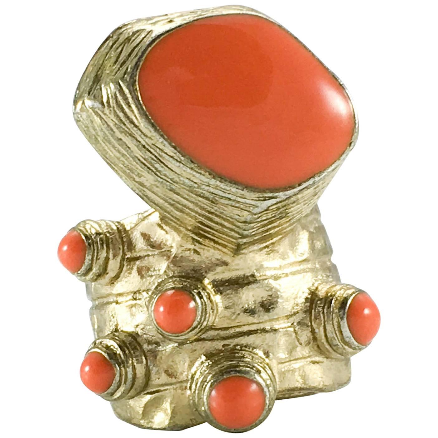 1990's Yves Saint Laurent Chunky Faux Coral Gilded Modernist Ring