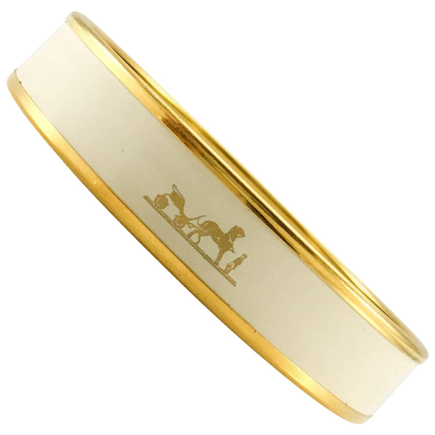 Hermes Horse and Carriage White and Gold Enamel Bangle 