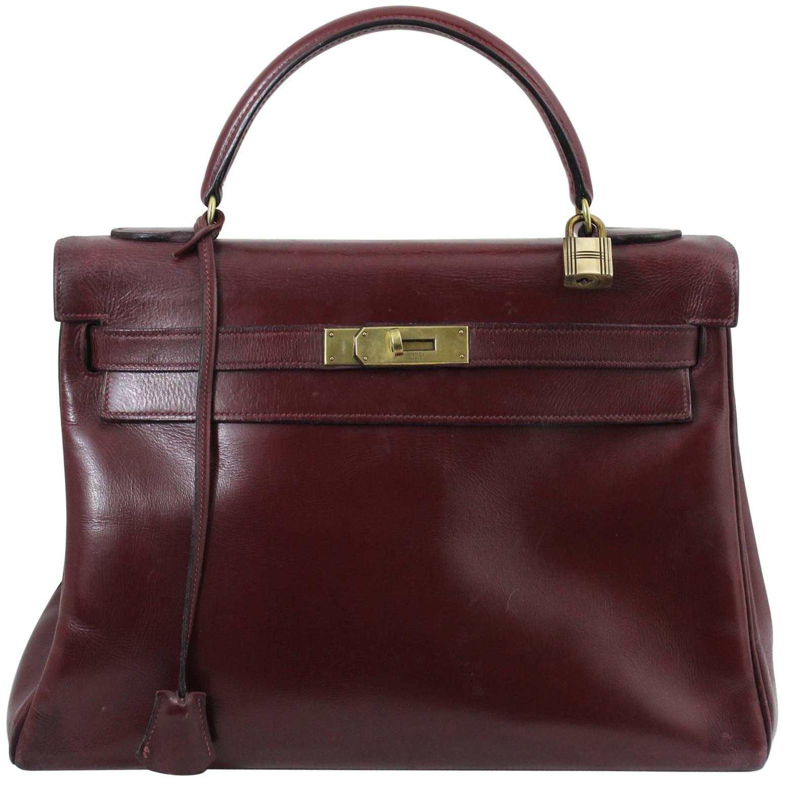 1960 Hermes Vintage Kelly Bag in Burgundy Leather with Golden Hardware