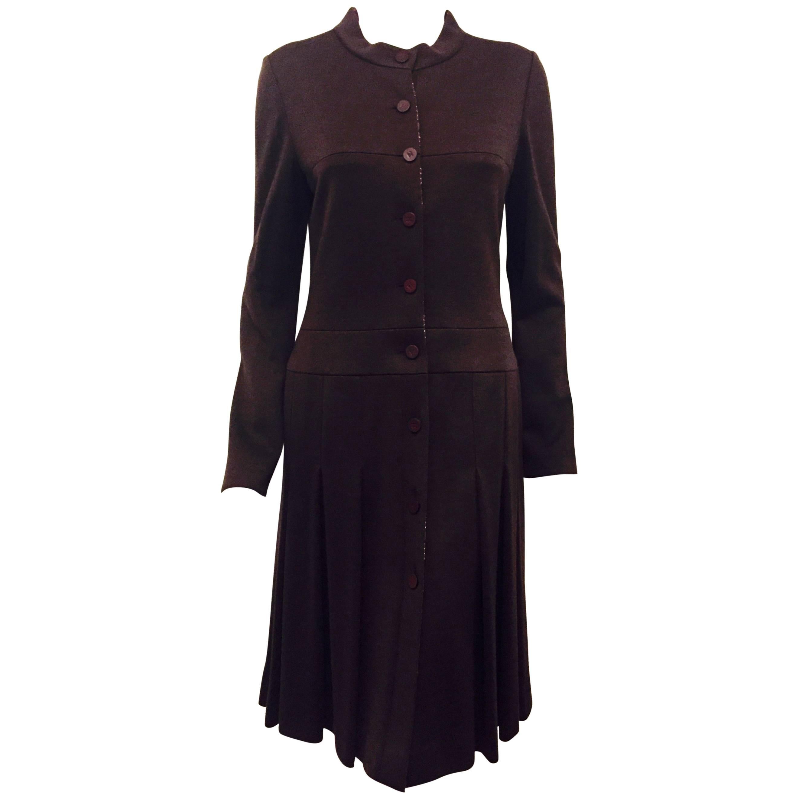 Classic Chanel Burgundy Long Sleeve Pleated Wool Blend Dress 44 For Sale