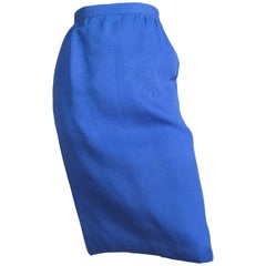 Carolina Herrera 1990s Blue Silk Pencil Skirt with Pockets Size 8.