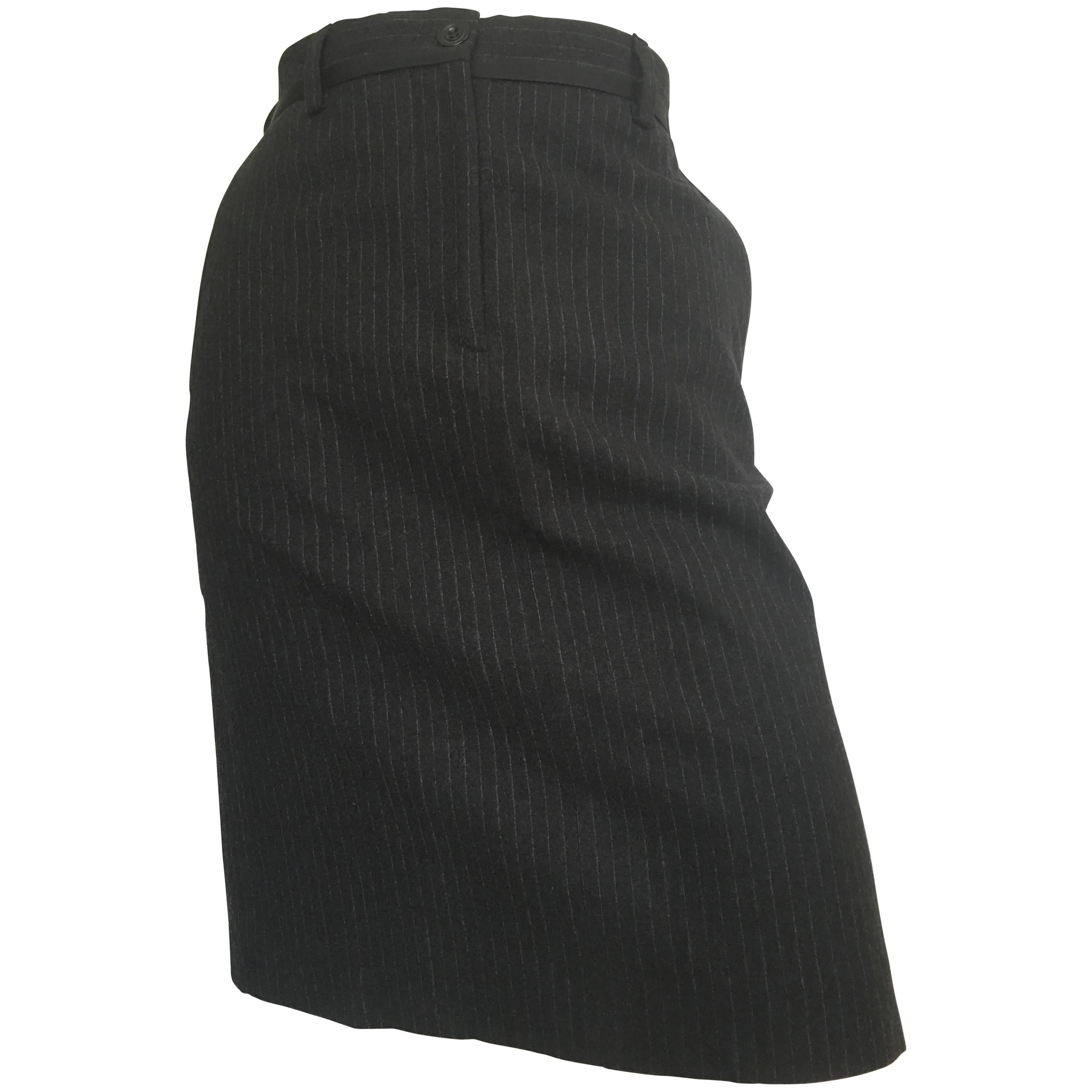 Dries Van Noten Black Pen Strip Wool Skirt with Pockets Size 4/6. For Sale