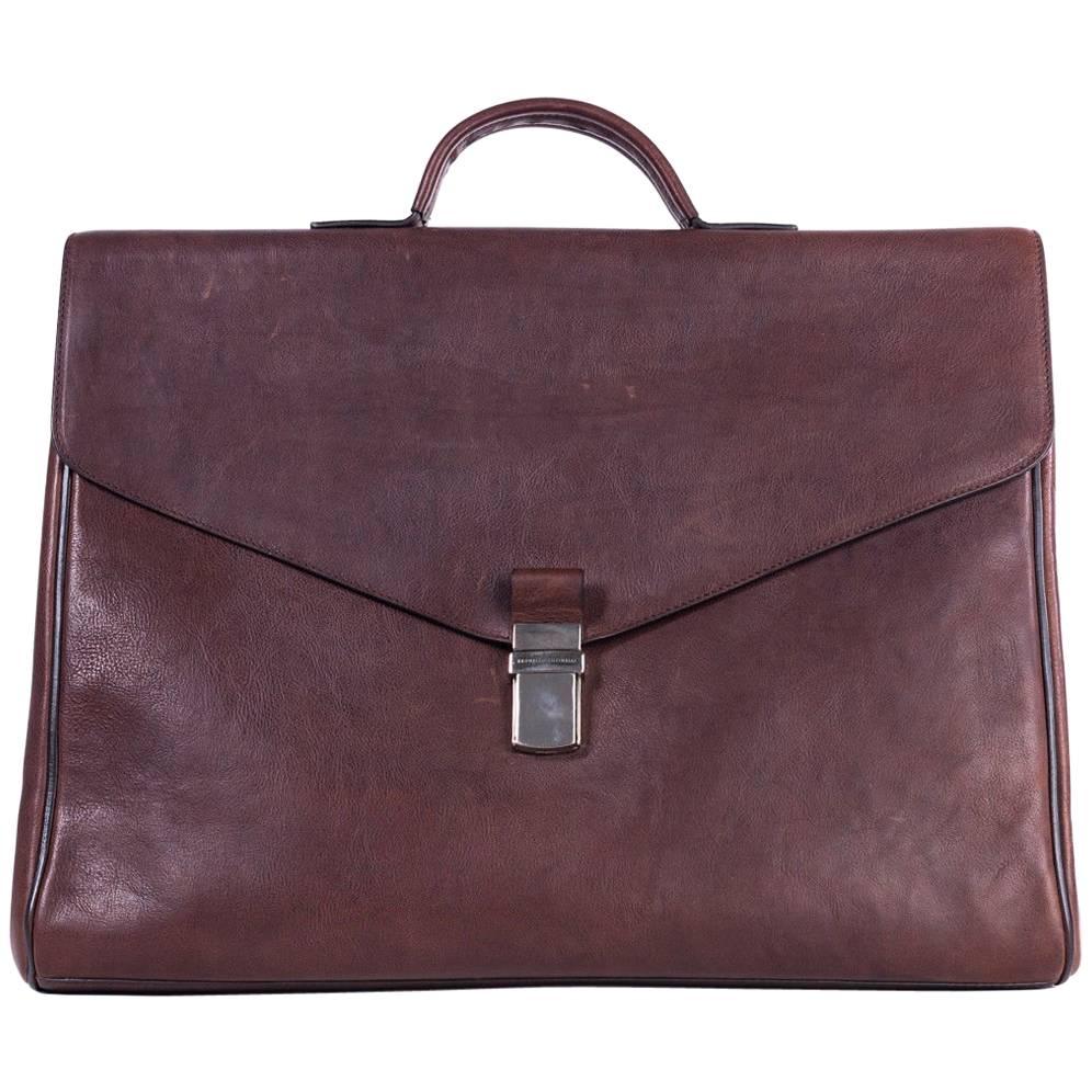 Brunello Cucinelli Brown Distressed Leather Gusset Briefcase For Sale