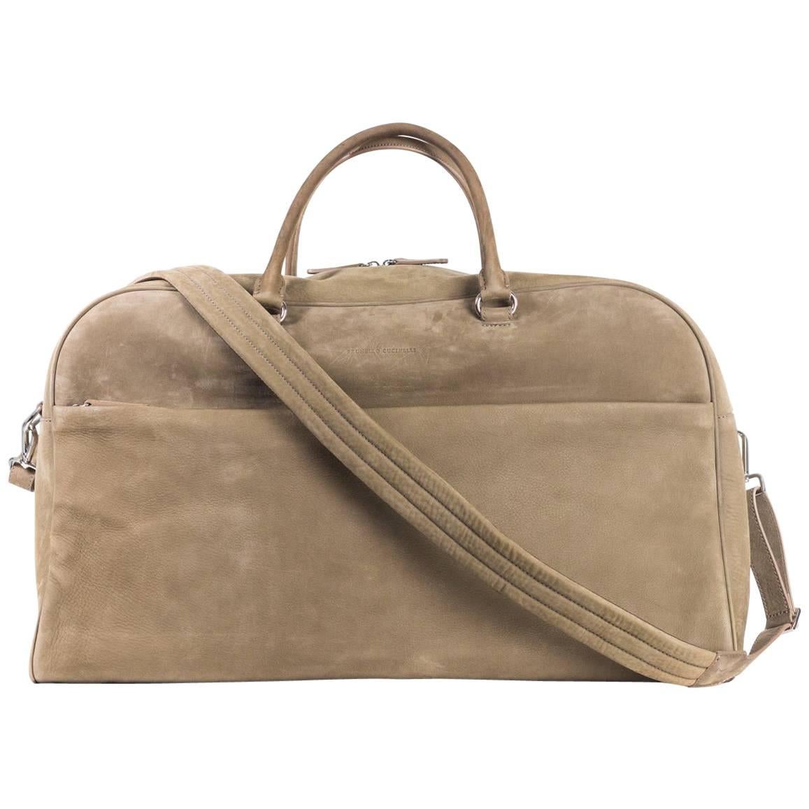 Brunello Cucinelli Men's Beige Leather Duffle Travel Bag For Sale
