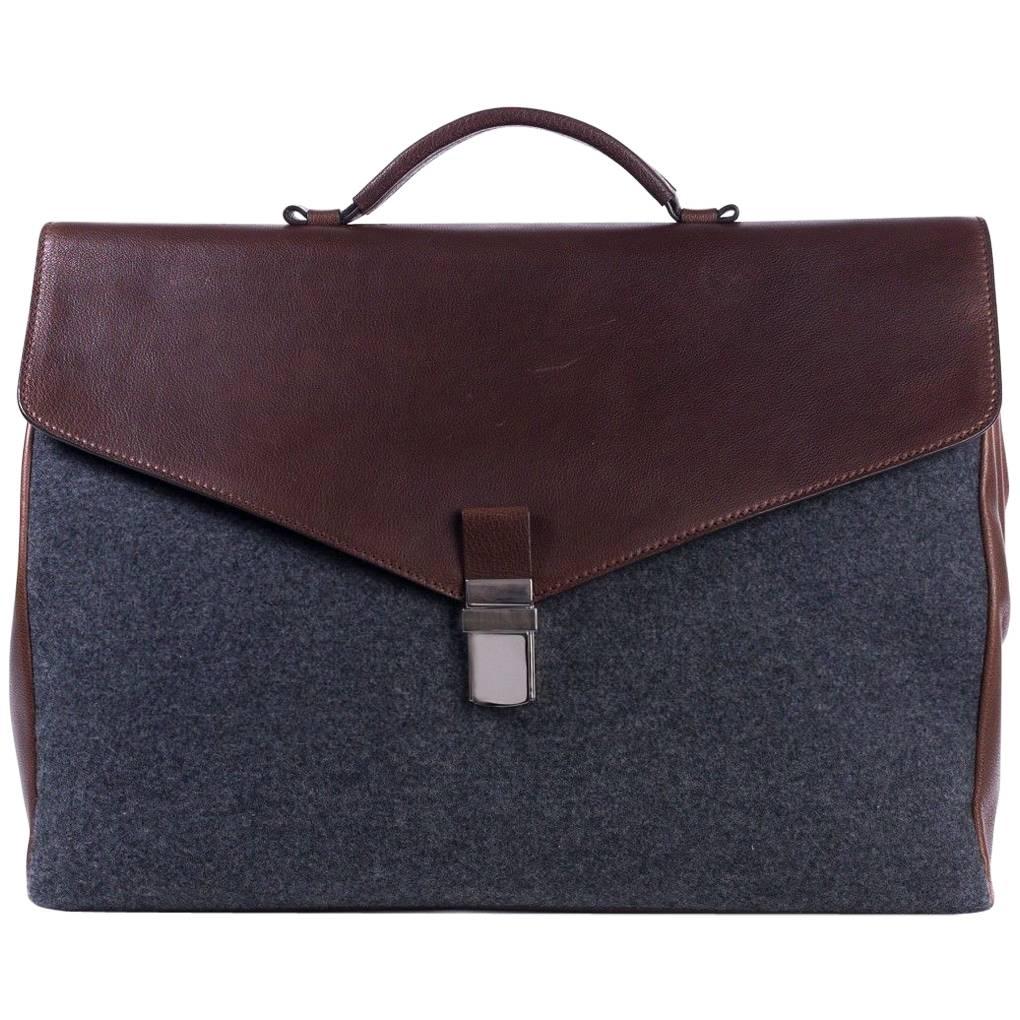 Brunello Cucinelli Gray Wool Brown Leather Classic Briefcase For Sale