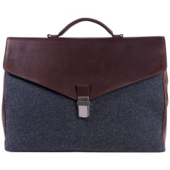 Brunello Cucinelli Gray Wool Brown Leather Classic Briefcase