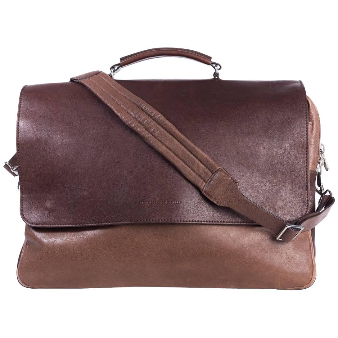 Brunello Cucinelli Men's Brown Double Zip Messenger Bag For Sale