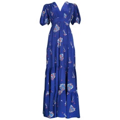Stunning VIntage Ossie Clark Blue Peasant Gown with Celia Birtwell Print 1970's 