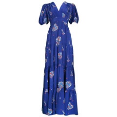 Stunning VIntage Ossie Clark Blue Peasant Gown with Celia Birtwell Print 1970's