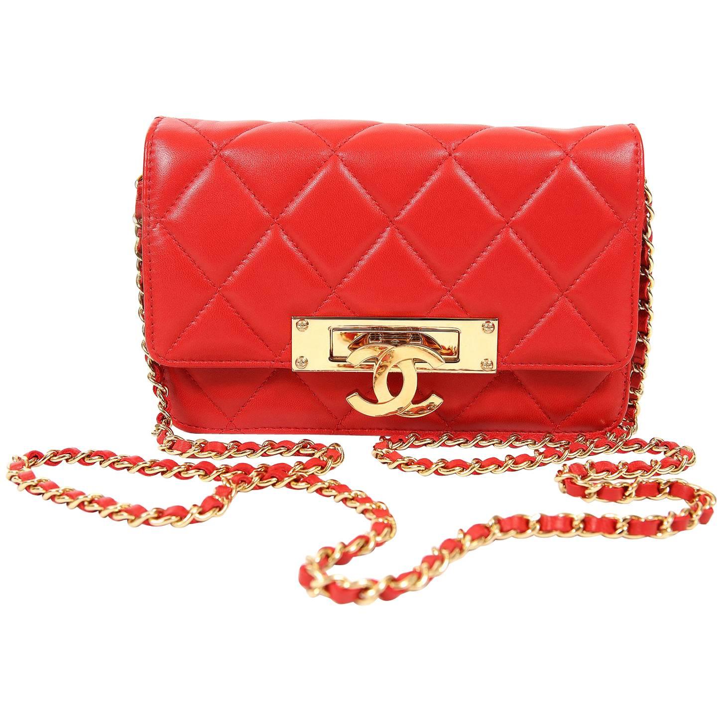 Chanel Red Lambskin WOC Wallet on a Chain with Gold CC Clasp For Sale