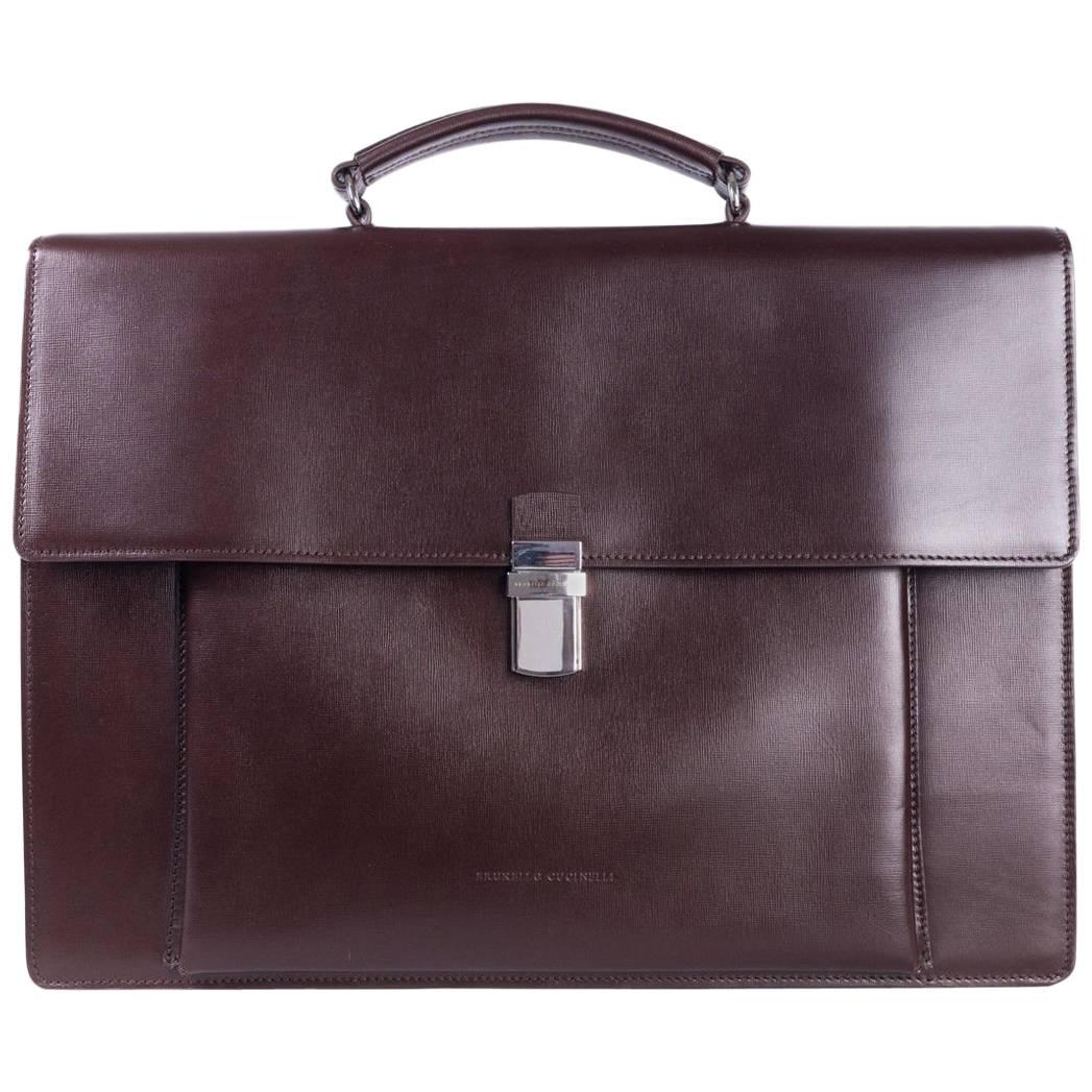 Brunello Cucinelli Men's Classic Brown Leather Briefcase For Sale