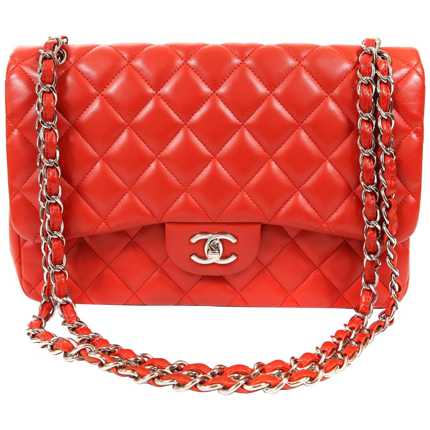 Chanel Red Lambskin Jumbo Classic Double Flap Bag with Silver HW
