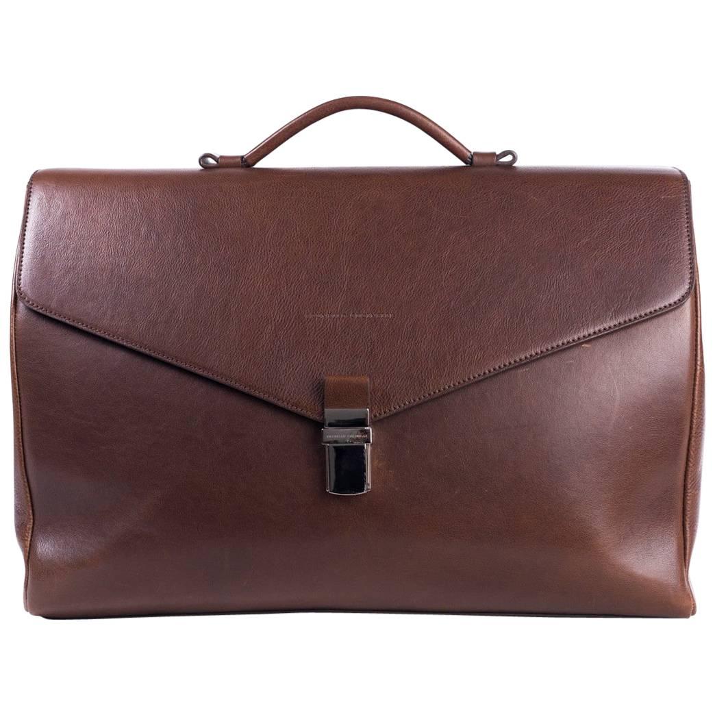 Brunello Cucinelli Men's Brown Leather Gusset Briefcase