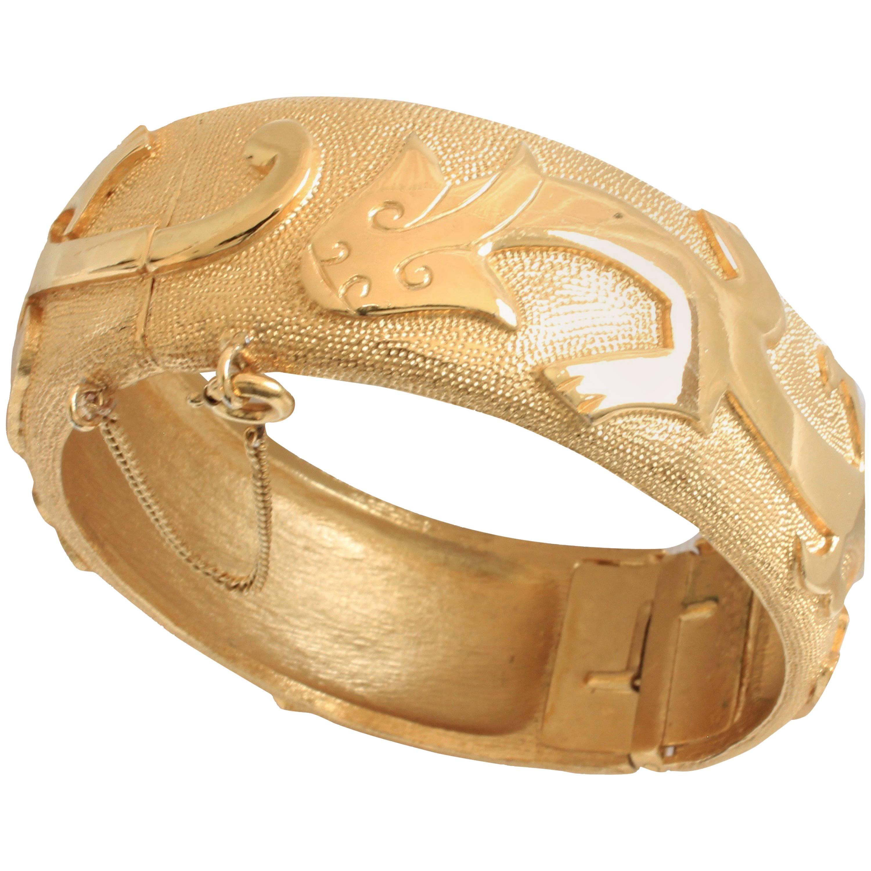 Trifari Vintage Dragon Motif Polished Gold Metal Hinged Clamper Bracelet 1960s 