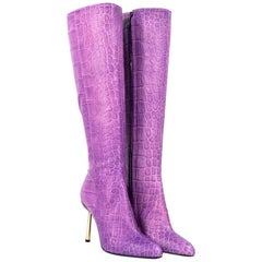 Retro 90s Spectacular Gianni Versace Embossed Leather Purple Knee Boots