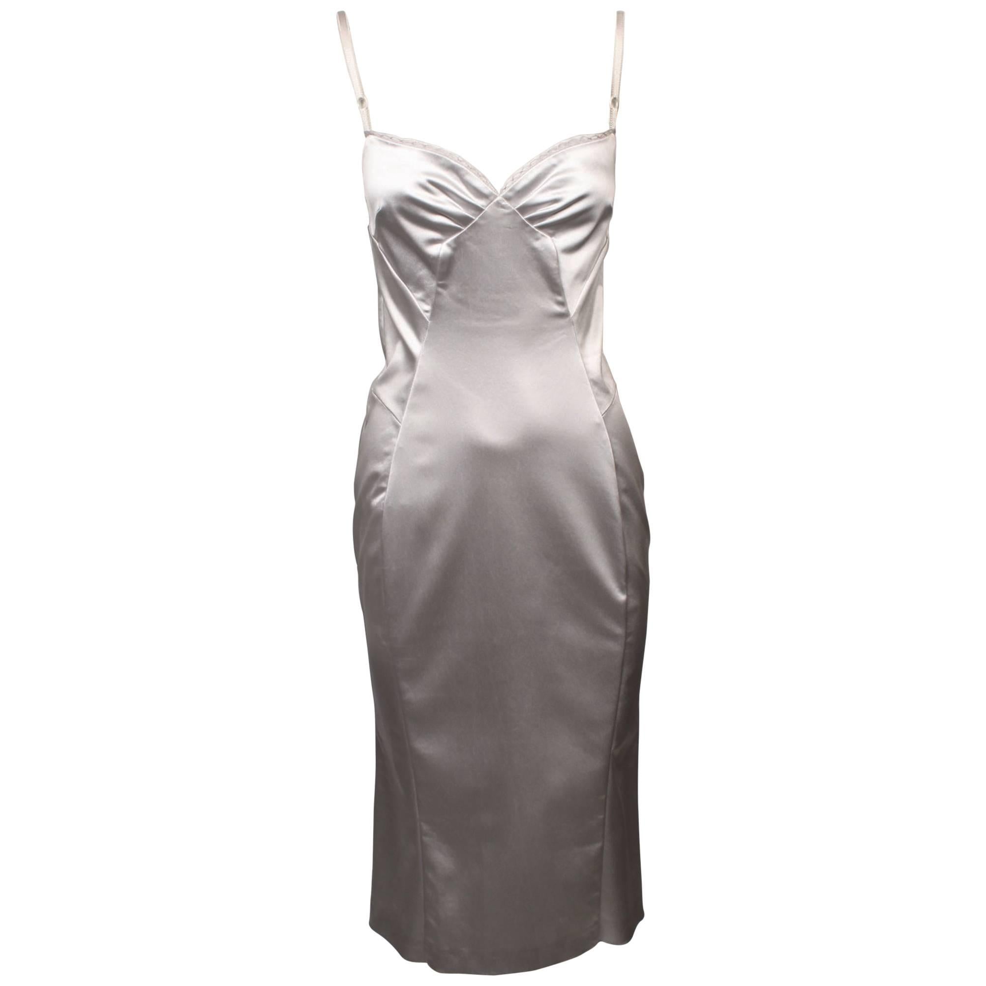 D&G Dolce & Gabbana Silver Satin Slip Dress For Sale