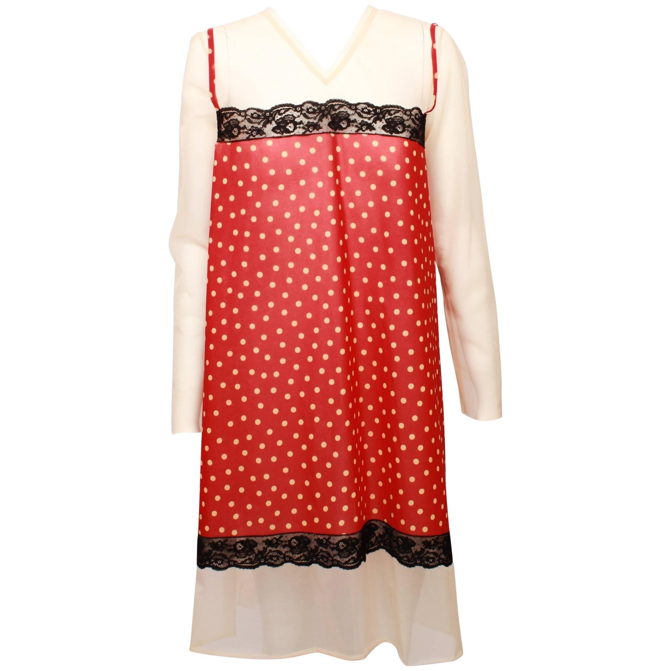 Jean Paul Gaultier Red and Cream Polka dot Tie Back V-Neck Dress / Tunic For Sale