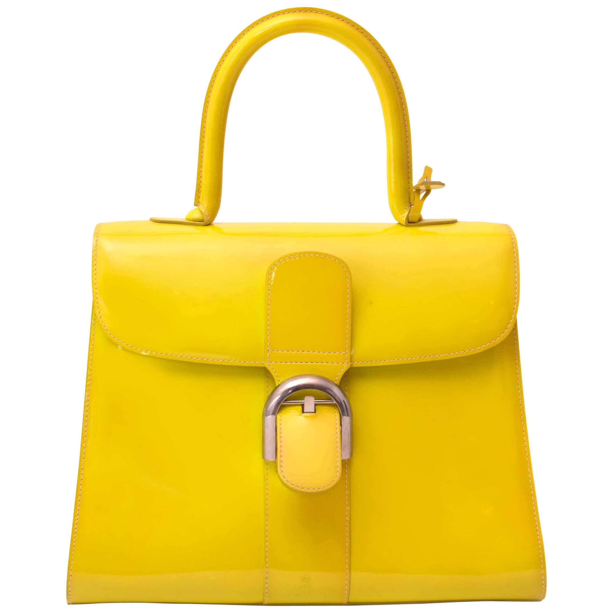 Delvaux Limited Patent Fluorescent Yellow Brillant closure Bag