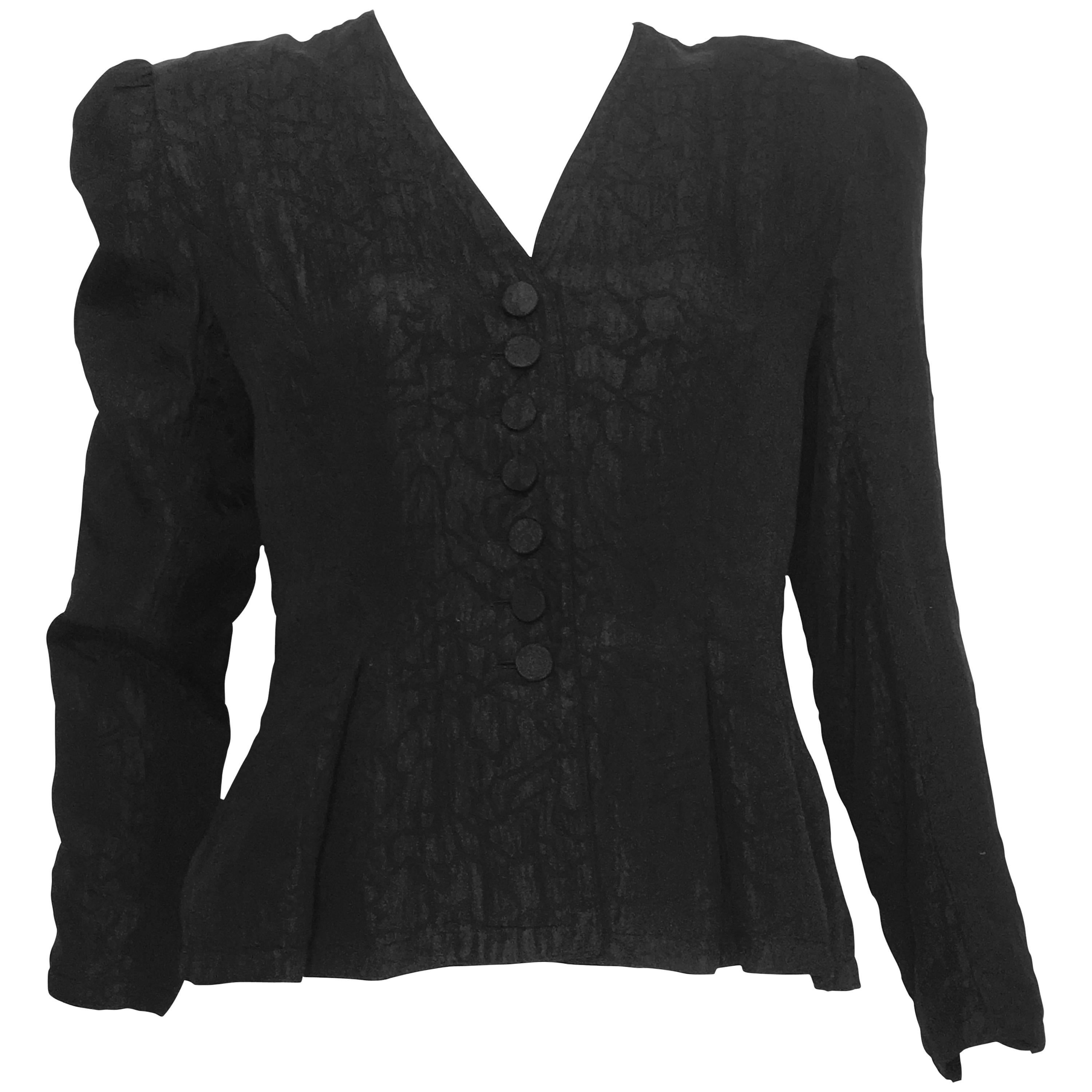 Adele Simpson 1980s Black Silk Jacquard Button Up Jacket Size 8.  For Sale