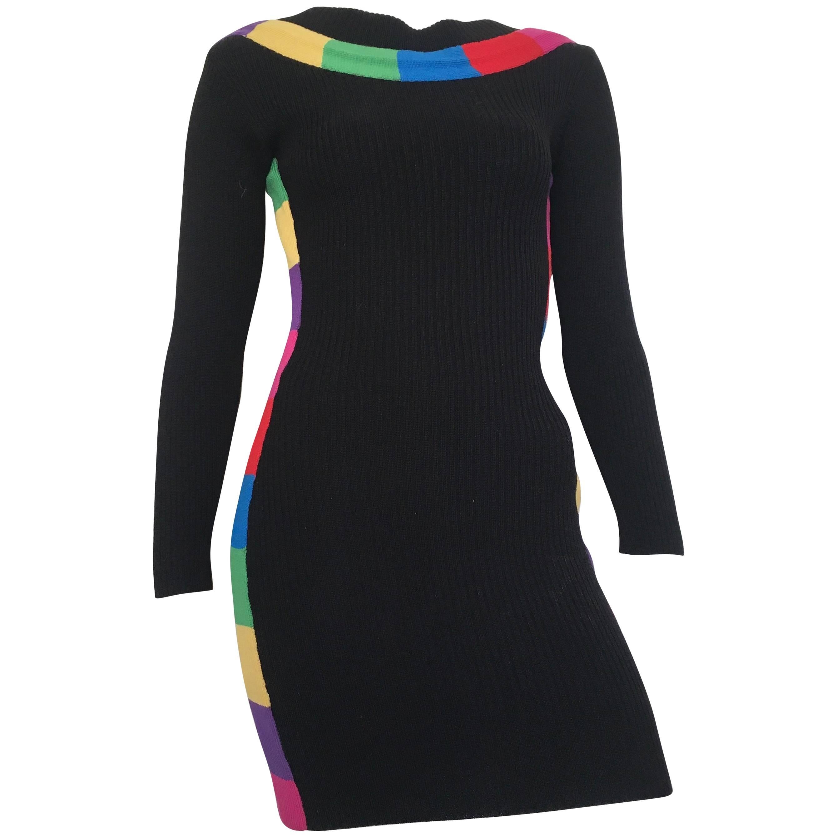 Patrick Kelly 1980s Black Wool Knit 'Rainbow' Mini Dress Size 4. For Sale