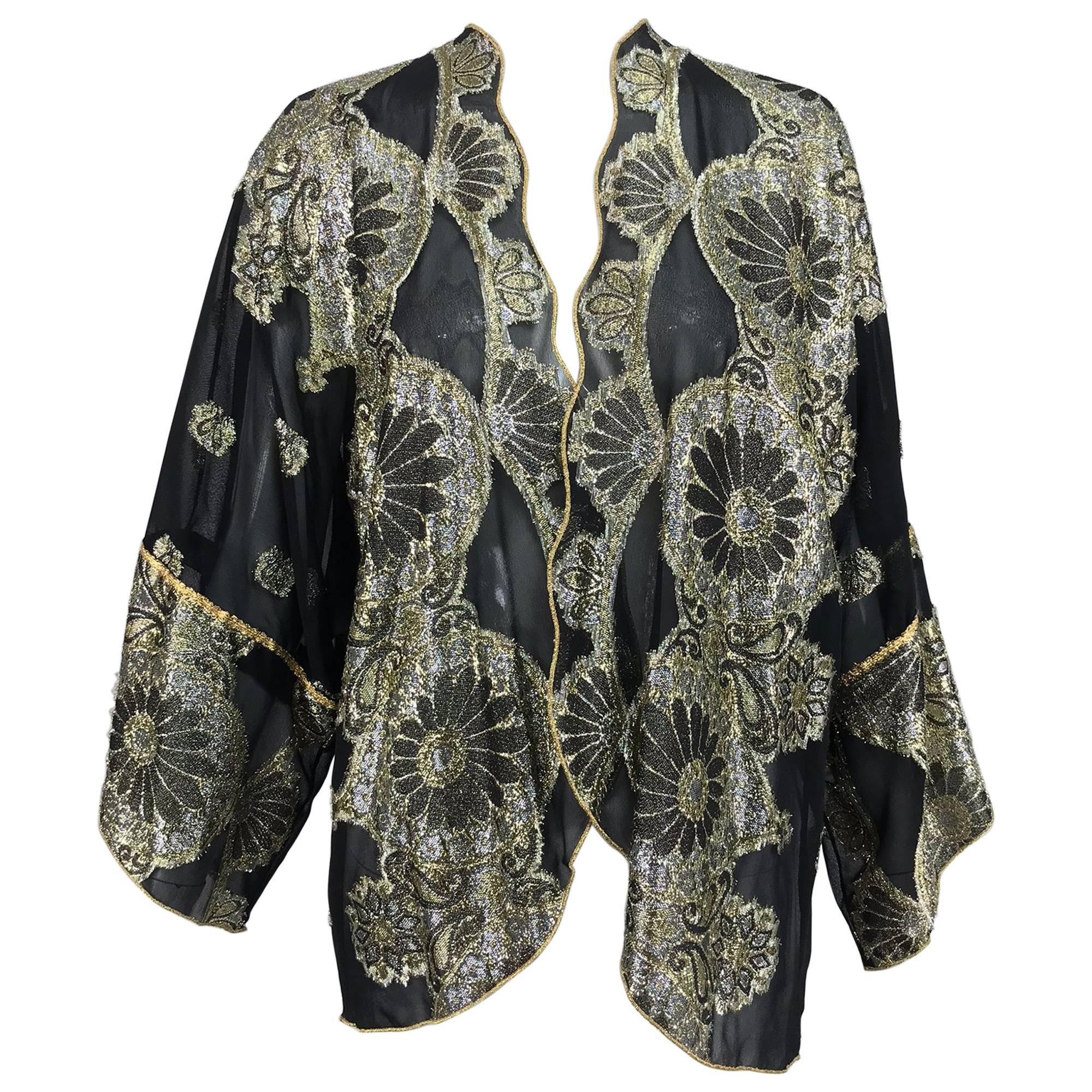 Vintage black chiffon silver and gold metallic kimono jacket 1970s
