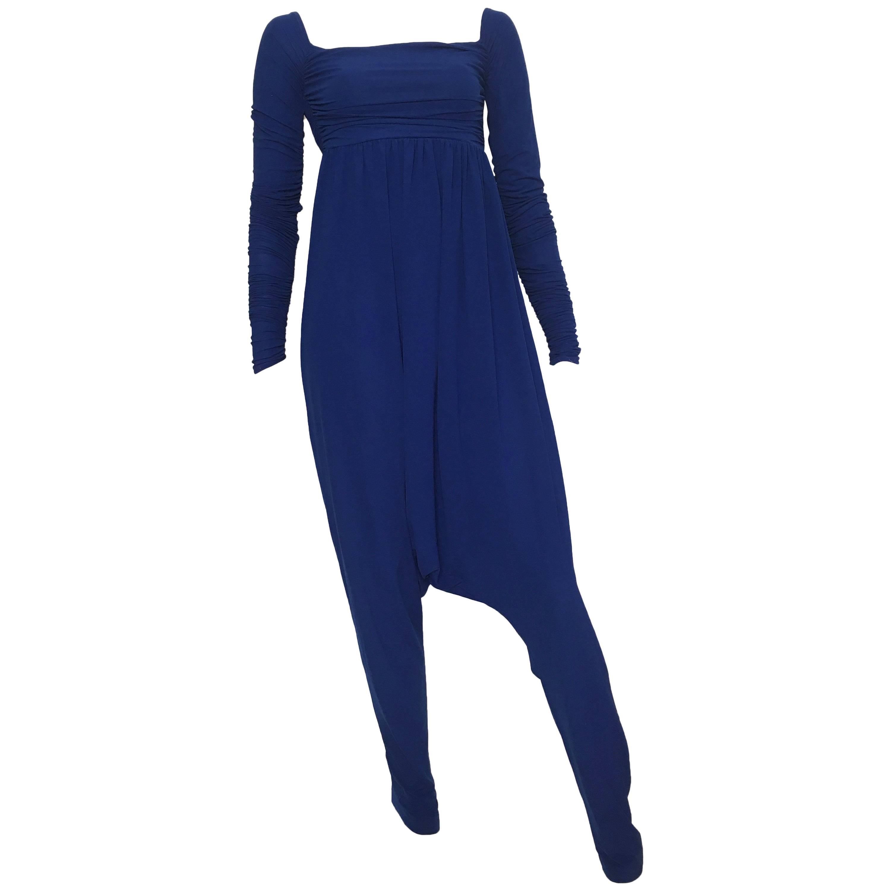 Norma Kamali OMO Blue Ruching Harem Jumpsuit Size 4. For Sale