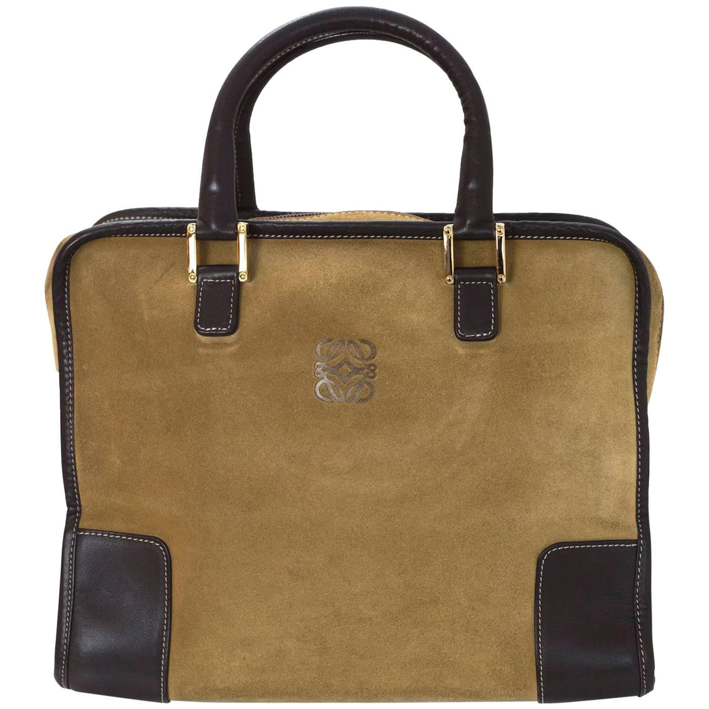 Loewe Beige Gold Suede & Brown Leather Amazona 28 Handle Bag