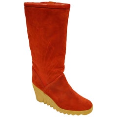Charles Jourdan Red Suede Wedge Sunrise Stitch Boots, 1970s